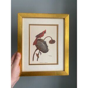 Vintage Ray Harm Cardinal On Sunflower Framed Art Print In Gold Wooden Frame